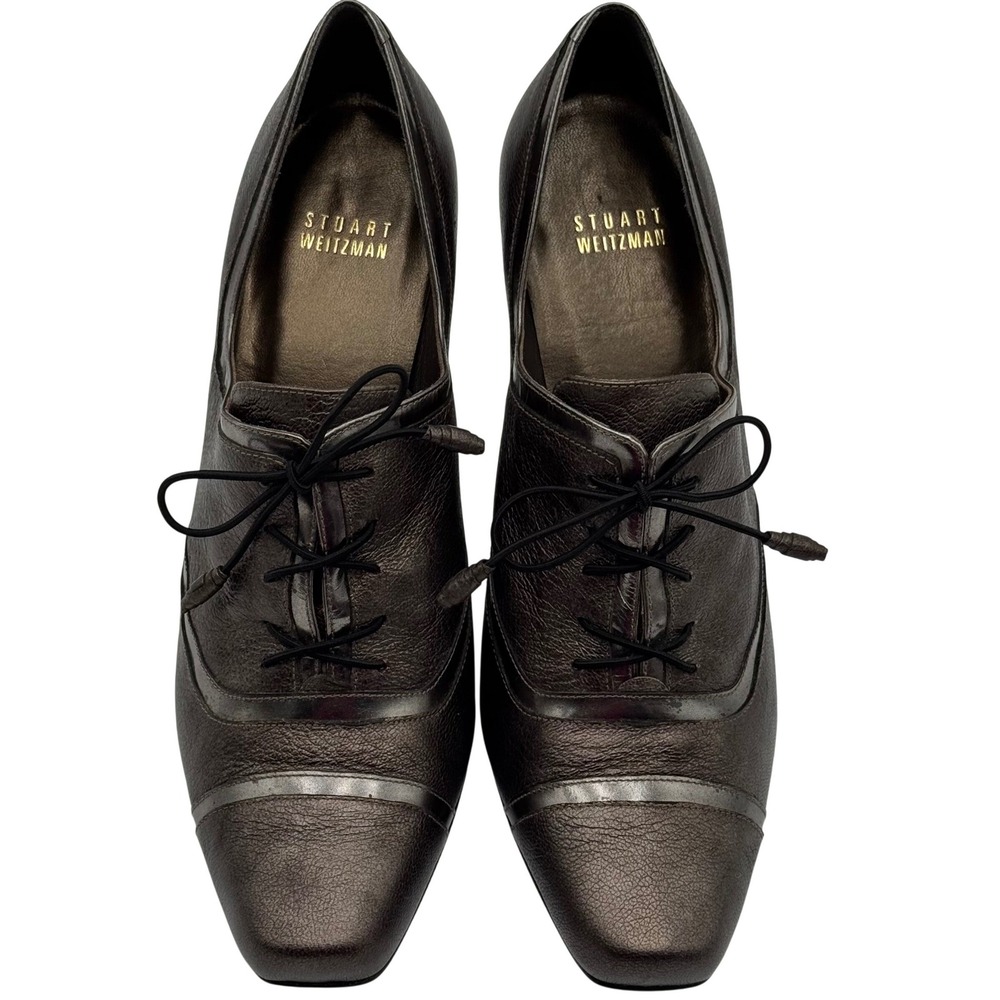 Stuart Weitzman Lace Up Heels Gunmetal Brown Metallic Leather Size 9.5 M‎ Spain